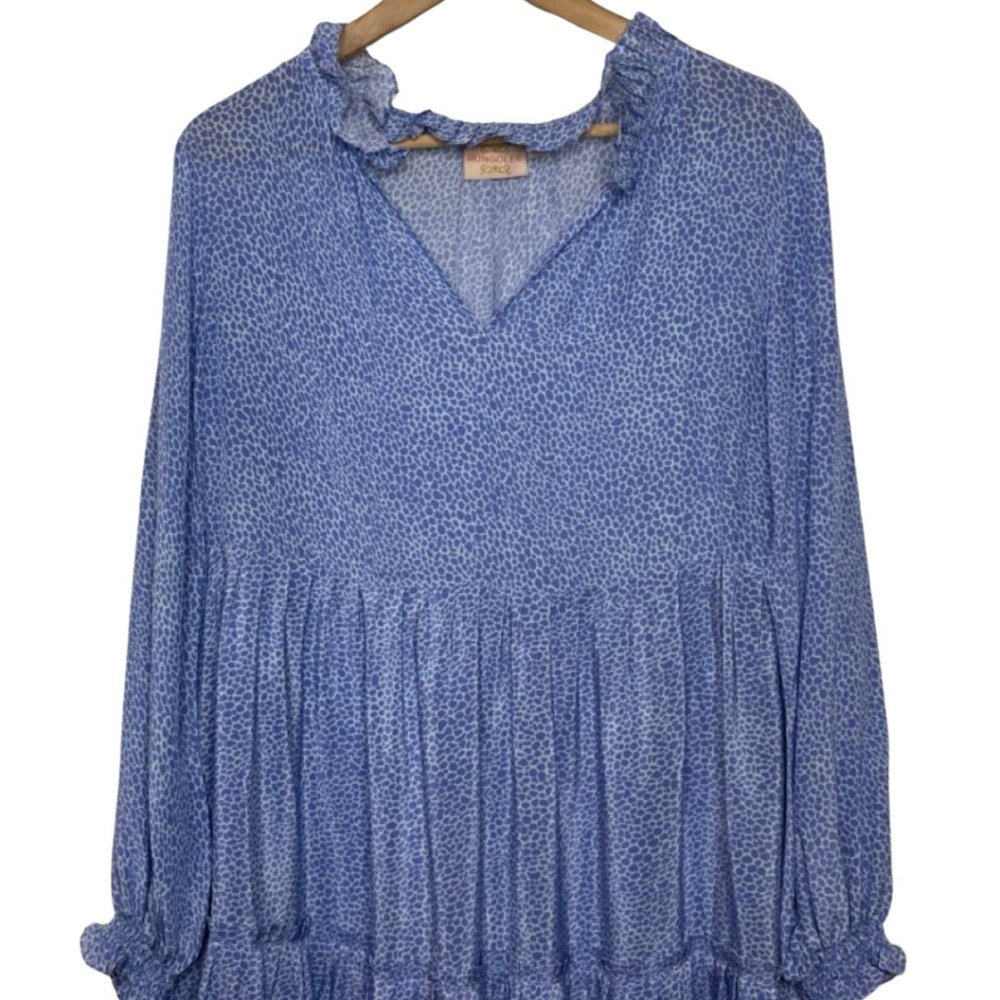 RUNGOLEE | Long Sleeve Light Blue Peasant Dress Ruffled Leopard Print | Size S - Picture 3 of 12
